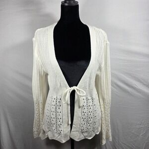 Greige Womens White Pointelle Tie Front Cardigan Sweater Knit Scalloped Hem Sz M